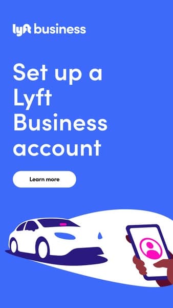 Advertising banner with a blue background featuring the Lyft Business logo, a white car illustration, and a hand holding a phone; headline reads "Set up a Lyft Business account" with a white button below saying "Learn more.