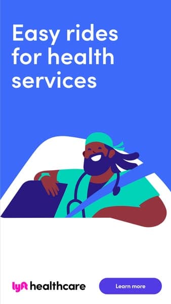 Advertising banner with a blue background and an illustrated healthcare worker smiling in a car seatbelt, headline reads "Easy rides for health services," and a purple button says "Learn more" with Lyft healthcare logo below.