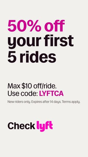 A simple white and light gray background ad with bold magenta and black text reading "50% off your first 5 rides," followed by "Max $10 off/ride. Use code: LYFTCA," and a footer text "Check lyft.