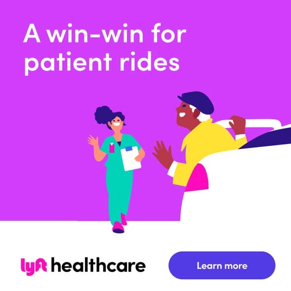 A bright purple and white Lyft Healthcare banner shows an illustration of a smiling healthcare worker and a patient getting out of a car, with the text "A win-win for patient rides" and a blue "Learn more" button visible.