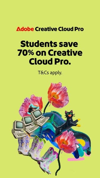 A vertical banner with a lime green background featuring colorful digital art of flowers, vintage computers, and a black cat, with bold black text reading "Students save 70% on Creative Cloud Pro." and smaller text "T&Cs apply." below, and the headline "Adobe Creative Cloud Pro" at the top.