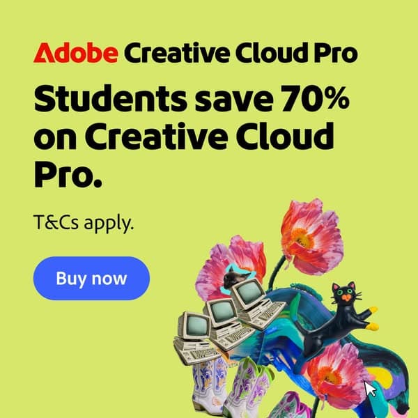 Green-themed Adobe banner with retro computers, flowers, and a black cat, showing the headline "Students save 70% on Creative Cloud Pro." with small text "T&Cs apply." and a blue "Buy now" button.
