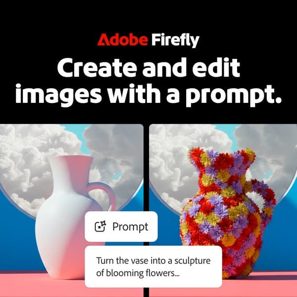The Adobe Firefly banner shows a split image of a plain white vase on the left and the same vase transformed into a colorful flower sculpture on the right, with a cloudy sky background, featuring the headline "Create and edit images with a prompt." and a text bubble reading "Prompt: Turn the vase into a sculpture of b…