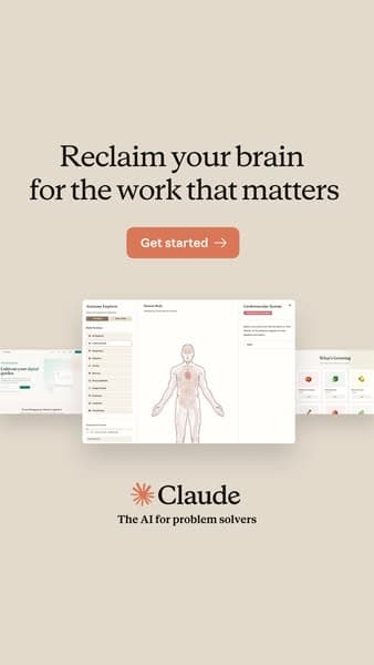 Advertising banner with a beige background featuring the headline "Reclaim your brain for the work that matters" above a coral-colored "Get started" button, and the brand name "Claude" with the tagline "The AI for problem solvers" below, accompanied by partially visible digital interface images.