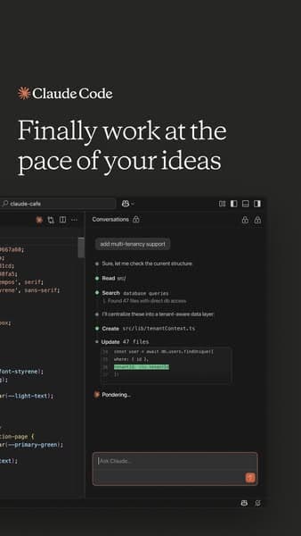 Advertising banner with a dark background and a coding interface displayed, featuring the headline "Finally work at the pace of your ideas" and the product name "Claude Code" at the top, text is fully readable.