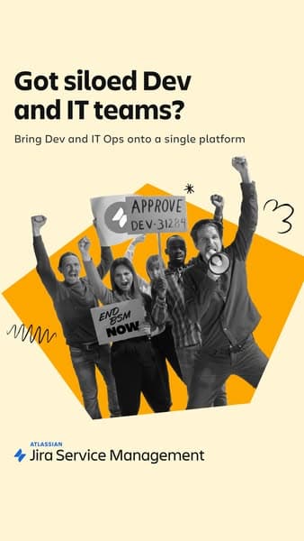 Advertising banner with a yellow geometric background and a black-and-white photo of five people cheering and holding signs, with text reading "Got siloed Dev and IT teams? Bring Dev and IT Ops onto a single platform," and the Jira Service Management logo at the bottom.
