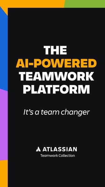 A vertical banner with colorful geometric shapes on the sides and a black center features bold text reading "THE AI-POWERED TEAMWORK PLATFORM" with the tagline "It’s a team changer" below, and the Atlassian logo with "Teamwork Collection" at the bottom.