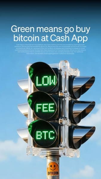 Advertising banner with a clear blue sky background featuring a traffic light with green signals displaying the words "LOW FEE BTC," and the headline "Green means go buy bitcoin at Cash App" in white text above the traffic light.