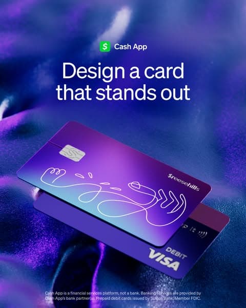 A vibrant purple and blue-themed Cash App banner with two stylized debit cards on a silky background, featuring the headline "Design a card that stands out" and the Cash App logo above; no CTA visible.