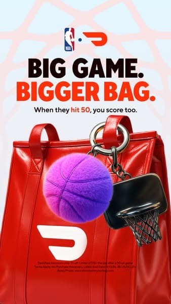 A vertical banner with a red DoorDash bag featuring a basketball and mini hoop, headline text reading "BIG GAME. BIGGER BAG. When they hit 50, you score too." and NBA and DoorDash logos at the top.