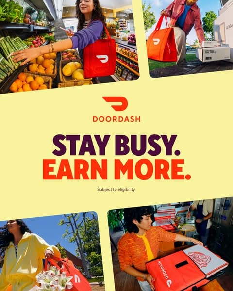 The DoorDash Facebook ad banner features a yellow background with four photos of diverse people carrying DoorDash red bags around the edges, with the main text in the center reading "STAY BUSY. EARN MORE." and smaller text "Subject to eligibility." below.