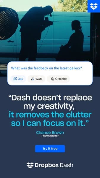 Advertising banner with a dark blue background featuring a silhouette of two people, a question box saying "What was the feedback on the latest gallery?" and text reading: "Dash doesn’t replace my creativity, it removes the clutter so I can focus on it." with a blue button labeled "Try it free" and the Dropbox logo.