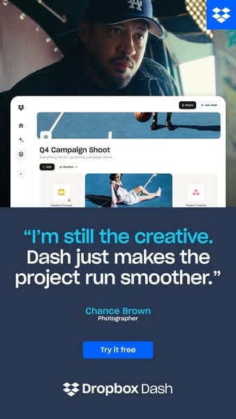 A vertical Dropbox Facebook ad banner featuring a man wearing a cap looking at a digital dashboard, with text saying "I'm still the creative. Dash just makes the project run smoother." and a blue "Try it free" button beneath, Dropbox logos at top right and bottom.
