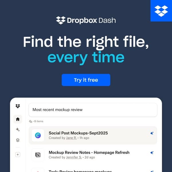 A dark blue square banner with the Dropbox logo and headline "Find the right file, every time" in white and light blue text, a blue "Try it free" button below, and a partial file search interface visible at the bottom.