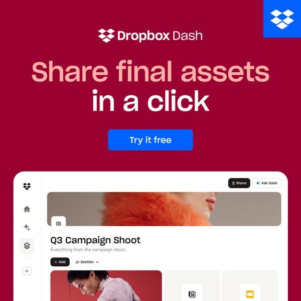 Dropbox ad banner with a maroon background, showing a partial interface screenshot, headline "Share final assets in a click," and a blue "Try it free" button.