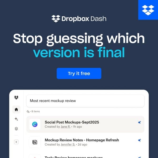 A dark blue Dropbox Dash banner with white and blue text saying "Stop guessing which version is final" and a blue "Try it free" button above a partial view of a file search interface.