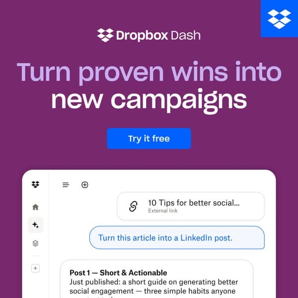 Purple-themed Dropbox advertising banner with the headline "Turn proven wins into new campaigns" and a blue call-to-action button reading "Try it free," featuring a partial screenshot of a content creation interface below.