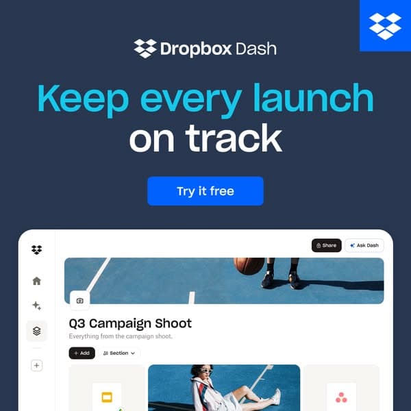 A dark blue banner with the Dropbox logo at the top and a partial screenshot of a project dashboard below, featuring the headline "Keep every launch on track" in large blue and white text and a blue button labeled "Try it free.