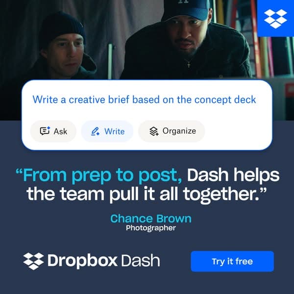 A dark-toned banner with two people looking at a screen above a white search bar graphic reading "Write a creative brief based on the concept deck," featuring the headline "'From prep to post, Dash helps the team pull it all together.' Chance Brown Photographer," and a blue button saying "Try it free.