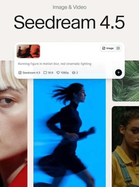 Advertising banner with a clean, modern layout featuring blurred running figure with red lighting, a woman running in sharp blue background, and portrait photos; headline text reads "Seedream 4.5" with smaller text "Image & Video," no visible CTA.