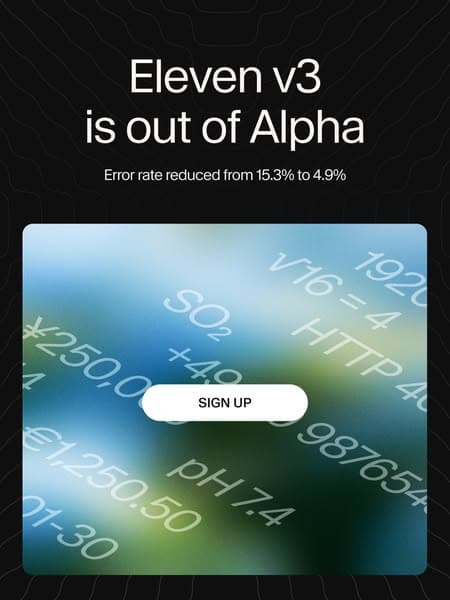 A sleek black and blue banner with blurred scientific notation in the background features the headline "Eleven v3 is out of Alpha" and a subheadline "Error rate reduced from 15.3% to 4.9%" above a white "SIGN UP" button.