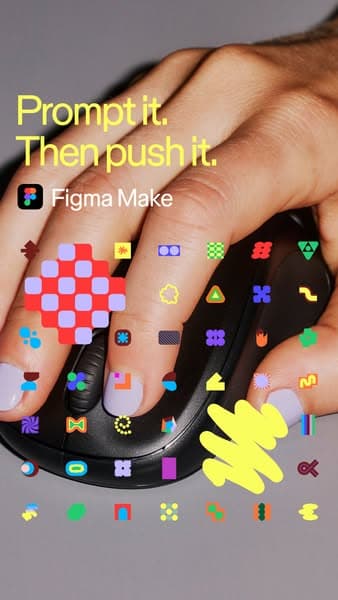 A close-up photo of a hand clicking a black computer mouse, with colorful abstract icons scattered over the image and the text "Prompt it. Then push it. Figma Make" in bright yellow and white at the top left.