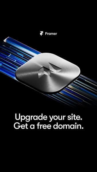A vertical black banner with a metallic silver Framer logo featured prominently in the center, with the headline text below reading "Upgrade your site. Get a free domain." and the small Framer brand logo at the top.