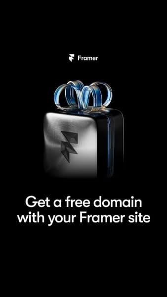 A sleek black banner with a shiny silver gift box wrapped in a transparent blue ribbon at the center, the Framer logo above, and the headline text below reading "Get a free domain with your Framer site.