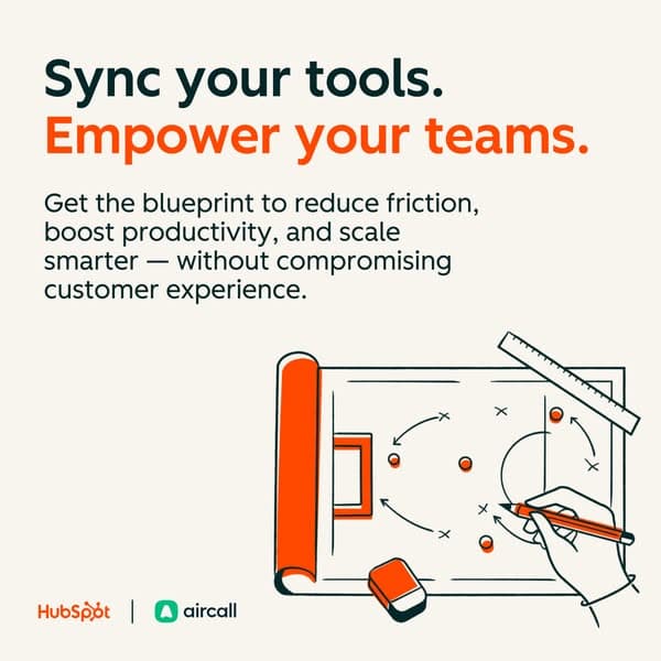 Advertising banner with a cream background and simple orange and dark green line drawings showing a hand drawing a play strategy on a sports field blueprint; headline reads "Sync your tools. Empower your teams." with additional text, "Get the blueprint to reduce friction, boost productivity, and scale smarter — withou…