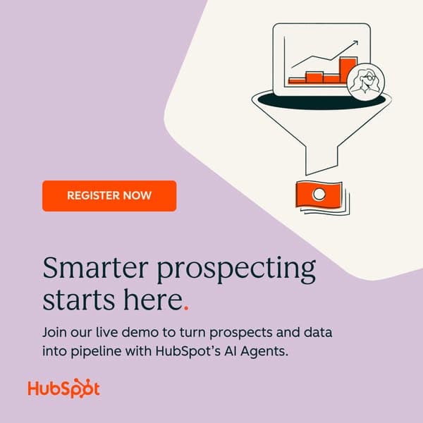 A purple-toned banner featuring a funnel graphic with a chart and user icon flowing into money, with the headline "Smarter prospecting starts here" and subtext "Join our live demo to turn prospects and data into pipeline with HubSpot's AI Agents," plus an orange "REGISTER NOW" button.
