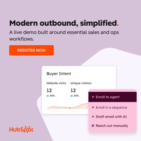 A purple-toned HubSpot banner with a chart and text boxes illustrating sales data, featuring the headline "Modern outbound, simplified." and subtext "A live demo built around essential sales and ops workflows." with an orange "REGISTER NOW" button.