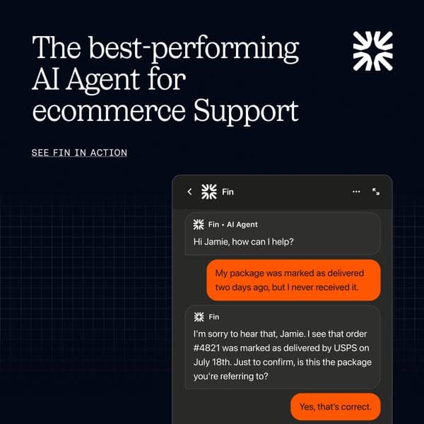 A dark blue advertising banner with white text reading "The best-performing AI Agent for ecommerce Support" and a call to action "SEE FIN IN ACTION," alongside a chat interface example with the AI agent named Fin helping a customer; text is fully readable.