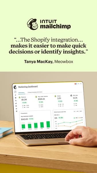 A light green and beige Intuit Mailchimp banner with text reading, "The Shopify integration makes it easier to make quick decisions or identify insights," and a callout to Tanya MacKay from Meowbox, displayed above an image of a laptop showing a marketing dashboard.