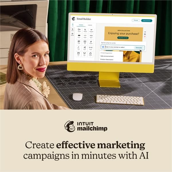 A woman smiles at the camera sitting beside a yellow computer displaying an email builder interface with the headline "Enjoying your purchase?" and a text box labeled "Type in your prompt or select"; below is the text "Create effective marketing campaigns in minutes with AI" and the Intuit Mailchimp logo.