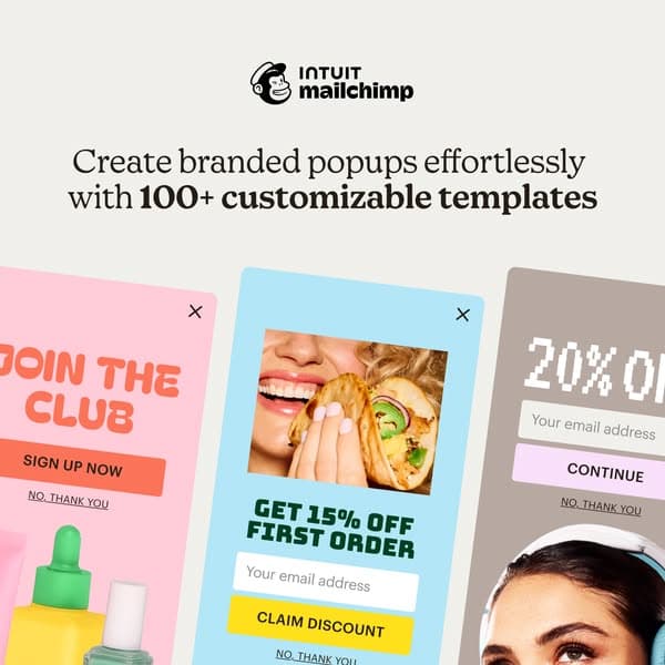 This Facebook banner for Intuit Mailchimp has a light gray background with the logo at the top and three colorful popup form examples; the main text says "Create branded popups effortlessly with 100+ customizable templates" and the visible call to action buttons say "SIGN UP NOW," "CLAIM DISCOUNT," and "CONTINUE.