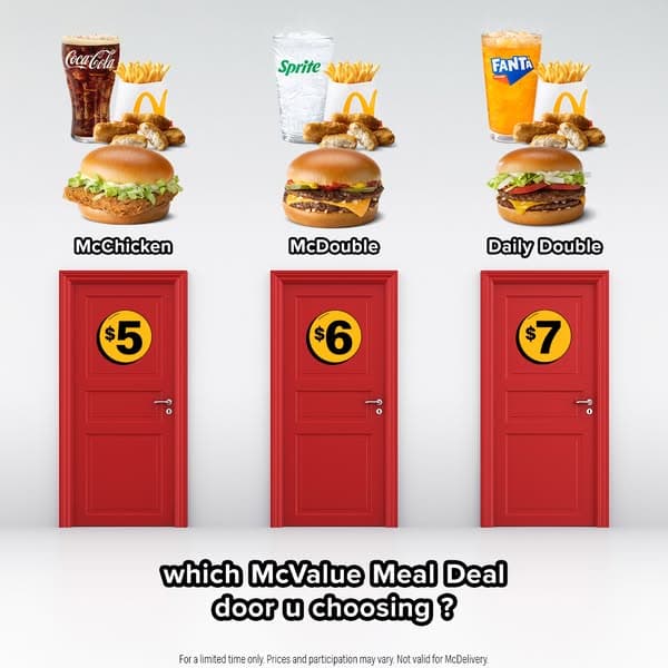 A McDonald's banner with three red doors labeled $5, $6, and $7, each above a McValue Meal (McChicken, McDouble, Daily Double) with drinks and fries, and the text "which McValue Meal Deal door u choosing ?" in black below the doors.
