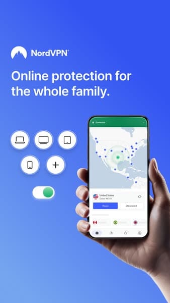 Advertising banner with a blue background, a hand holding a phone displaying a VPN map, and icons representing devices; text reads "Online protection for the whole family.