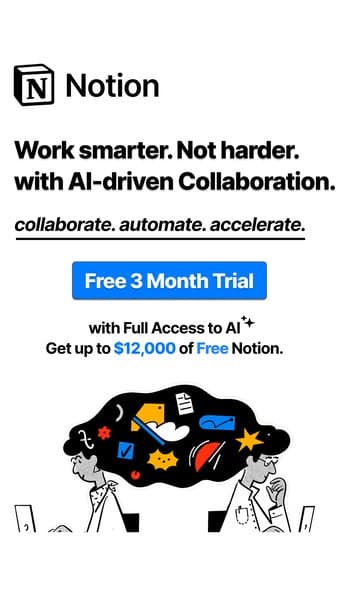 Vertical banner with black text on white background, showing two illustrated people working with colorful icons between them; headline reads "Work smarter. Not harder. with AI-driven Collaboration." followed by "collaborate. automate. accelerate." and a blue button saying "Free 3 Month Trial" with smaller text below a…