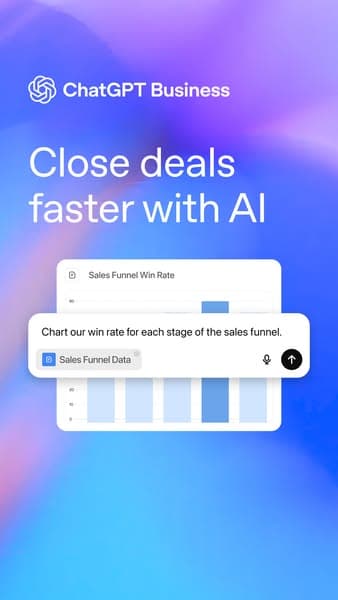 A vertical advertising banner with a smooth gradient purple and blue background, featuring the OpenAI logo and headline text "Close deals faster with AI," and a partially visible chart and text box reading "Chart our win rate for each stage of the sales funnel.