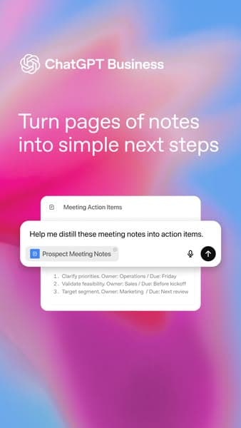 A vertical banner with a smooth gradient background of pink, purple, and blue hues features the OpenAI logo and text "ChatGPT Business," followed by "Turn pages of notes into simple next steps" above an illustrated meeting notes interface, with no visible CTA.