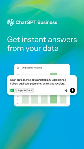 A vertical banner with a blue and green gradient background features the OpenAI logo and headline "ChatGPT Business Get instant answers from your data," along with a visual of a data analysis chart and a text box highlighting data insights.