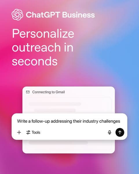 Advertising banner with a pink and blue gradient background, featuring the text "ChatGPT Business" and "Personalize outreach in seconds," alongside a message interface showing "Write a follow-up addressing their industry challenges.
