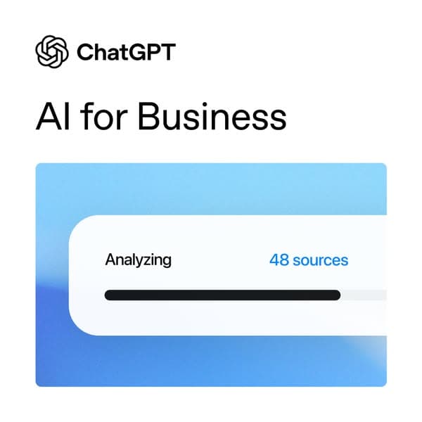 Advertising banner with a white and blue design featuring the ChatGPT logo and headline "AI for Business," along with a progress bar labeled "Analyzing 48 sources"; no visible call to action text.