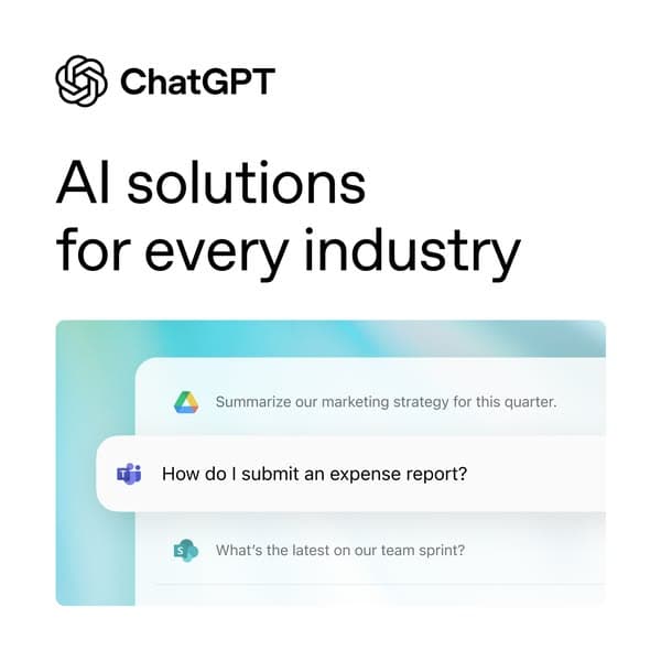 A simple banner with the ChatGPT logo and headline "AI solutions for every industry" in black text on a white background, featuring a partial chat interface displaying example queries, with no visible call-to-action.