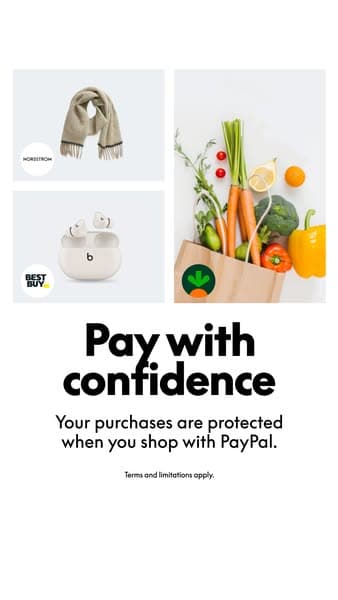 White advertising banner featuring images of a scarf, earbuds, and a grocery bag with vegetables and fruits, with readable black headline text stating "Pay with confidence" and subtext "Your purchases are protected when you shop with PayPal," plus smaller text "Terms and limitations apply.