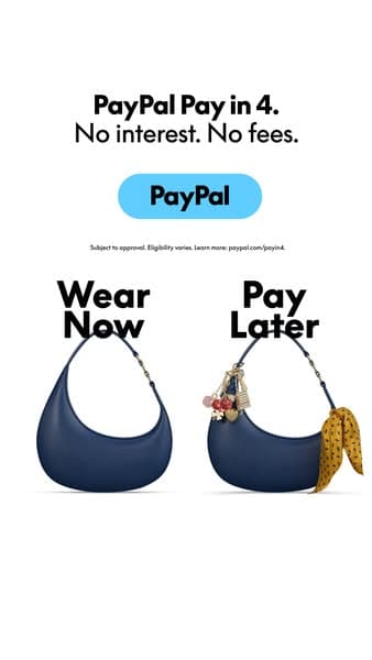 The PayPal ad banner features a white background with two navy handbags side by side, one labeled "Wear Now" and the other "Pay Later," with the headline "PayPal Pay in 4. No interest. No fees." and a blue PayPal button below it.