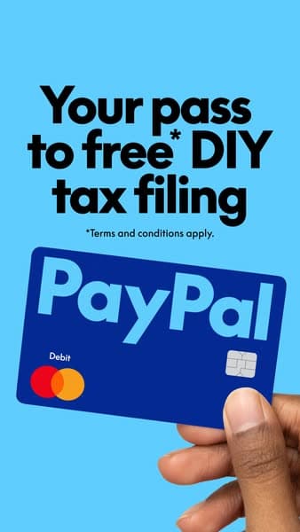 A bright blue vertical banner shows a hand holding a blue PayPal debit card at the bottom, with bold black text above saying "Your pass to free* DIY tax filing" and smaller text below that says "*Terms and conditions apply.