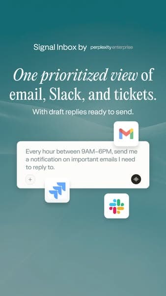 A vertical banner with a muted green-blue gradient background and icons for Gmail, Jira, and Slack, featuring the headline "One prioritized view of email, Slack, and tickets. With draft replies ready to send." and a mock notification text message for email notifications.
