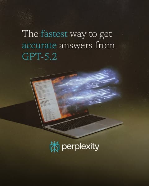 A dark-themed advertising banner with an open laptop emitting streams of glowing code-like light, featuring the text "The fastest way to get accurate answers from GPT-5.2" and the Perplexity logo below.