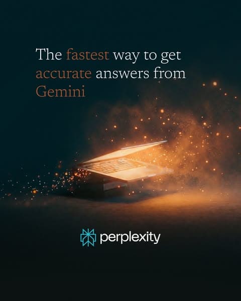 Dark-themed banner with an open laptop emitting glowing sparks, featuring the text "The fastest way to get accurate answers from Gemini" and the Perplexity logo below.